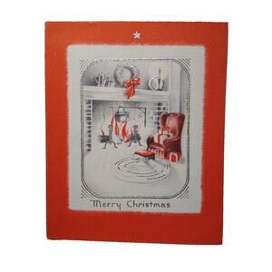 Merry Christmas Greeting Card Vintage Cozy Living Room Fireplace Silver 1939